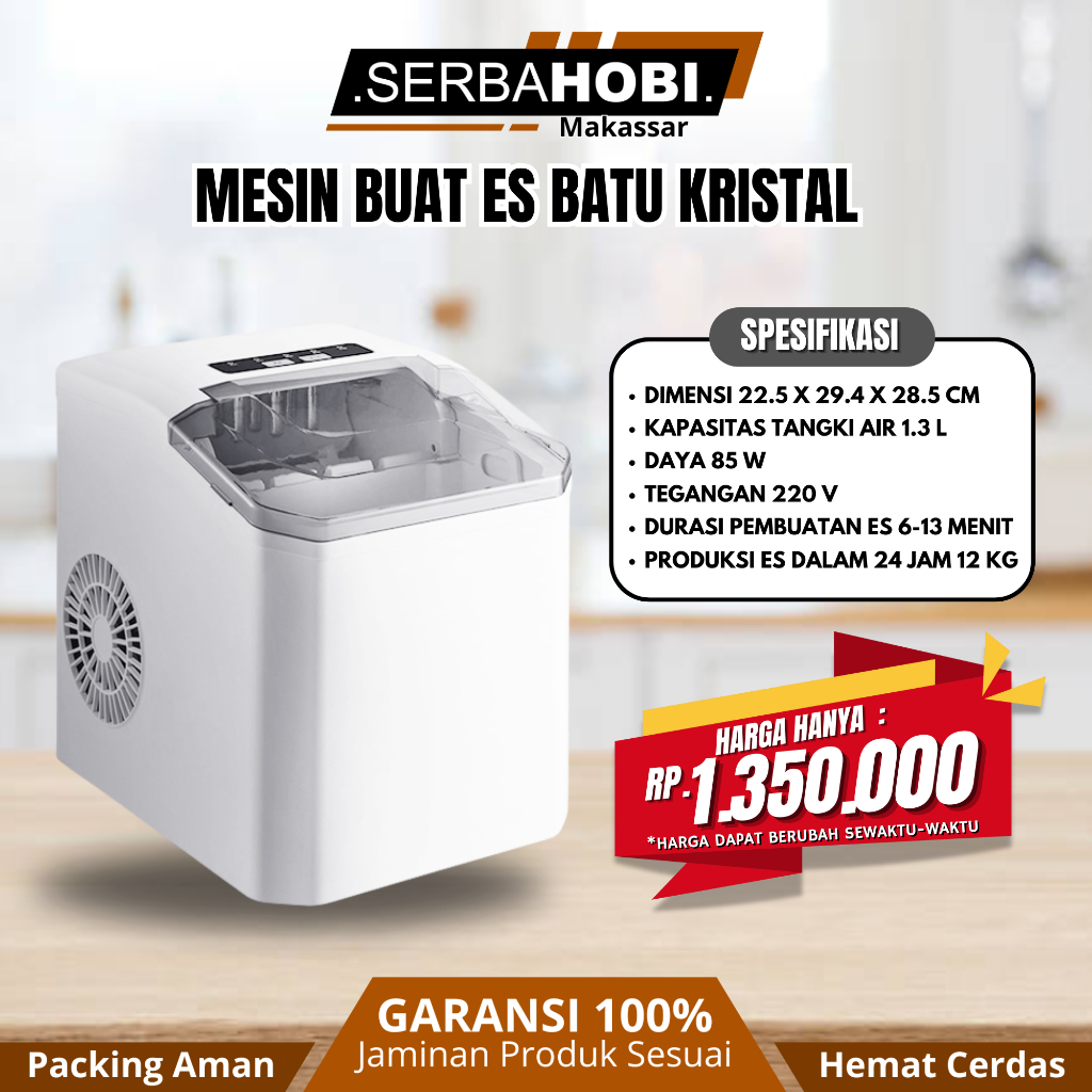 Mesin Pembuat Es Batu Kristal Otomatis Mini Portable Ice Maker 12kg 100W