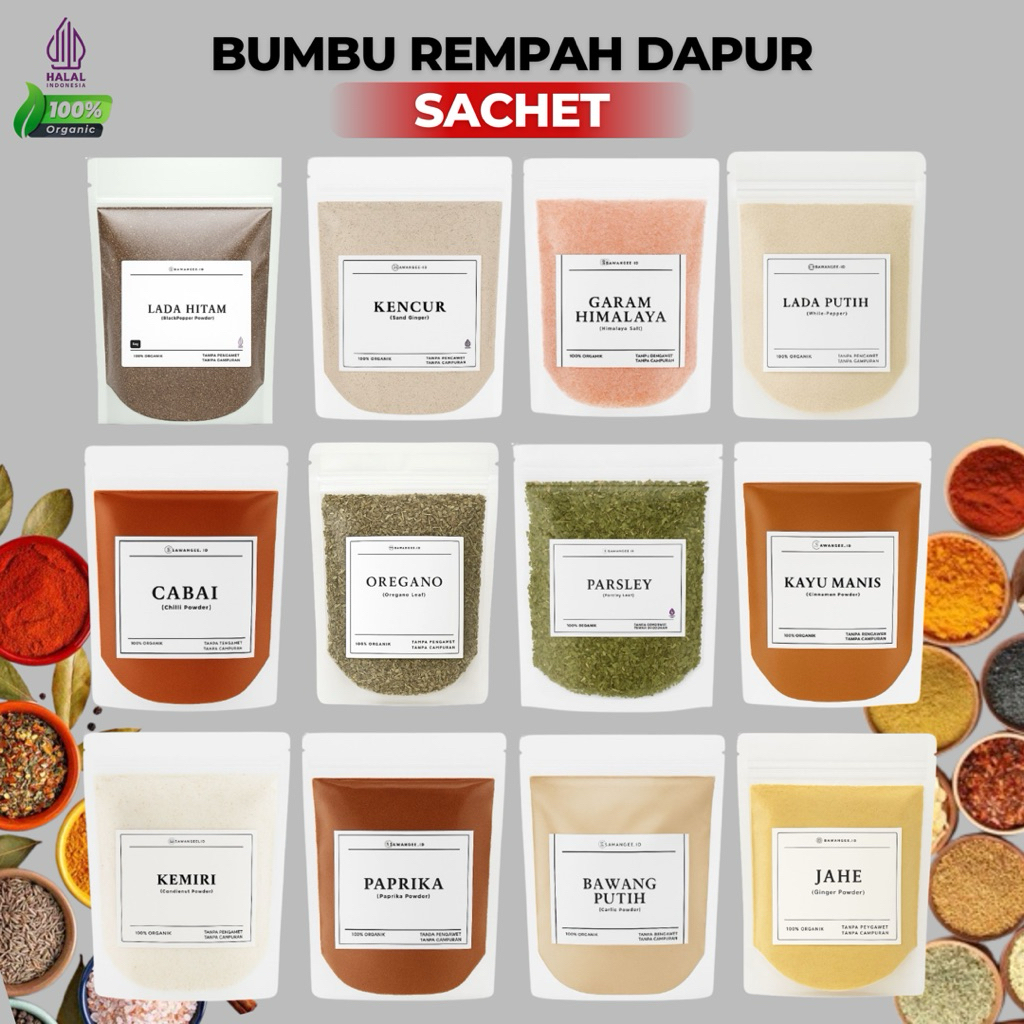 

Bumbu Rempah Sachet Lengkap Bawang Putih, Lada Hitam, Lada Putih, Jinten Bubuk, Oregano, Parsley, Pala, Cabai, Dll