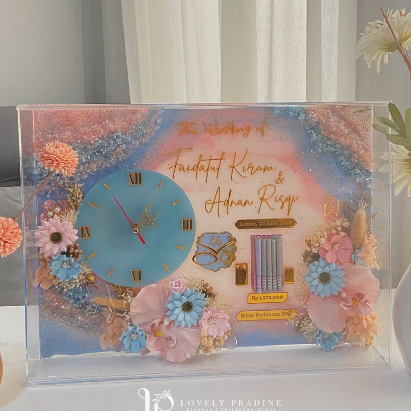 Mahar Frame Simbolis Resin Jam Aktif size 30x40 cm, mahar pernikahan/wedding simbolis
