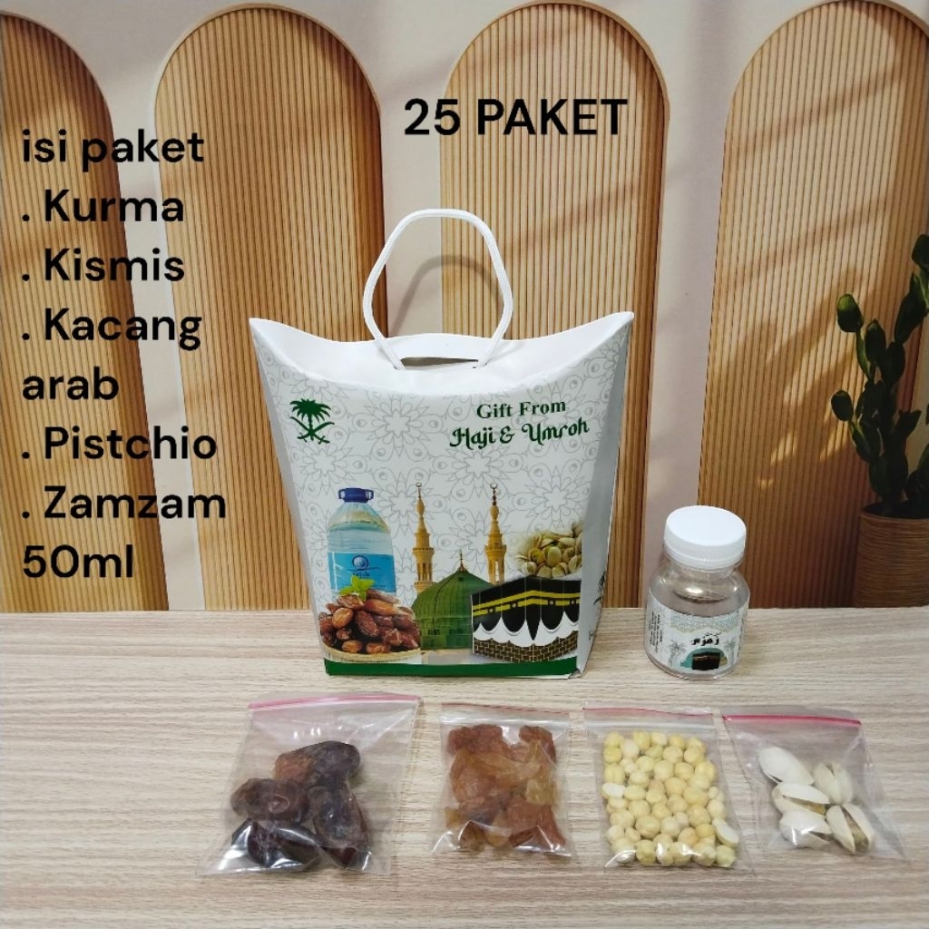 

Paket oleh oleh haji dan umroh isi 25 paket / hampers souvenir makanan khas arab