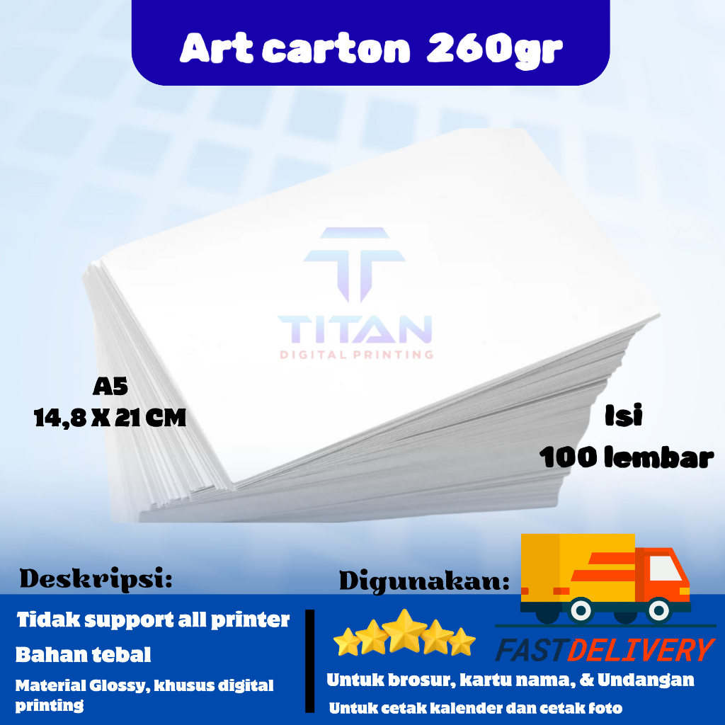 

Art Carton A5 260 gsm isi 100 lembar / Kertas Art Carton A5 / Kertas Karton A5