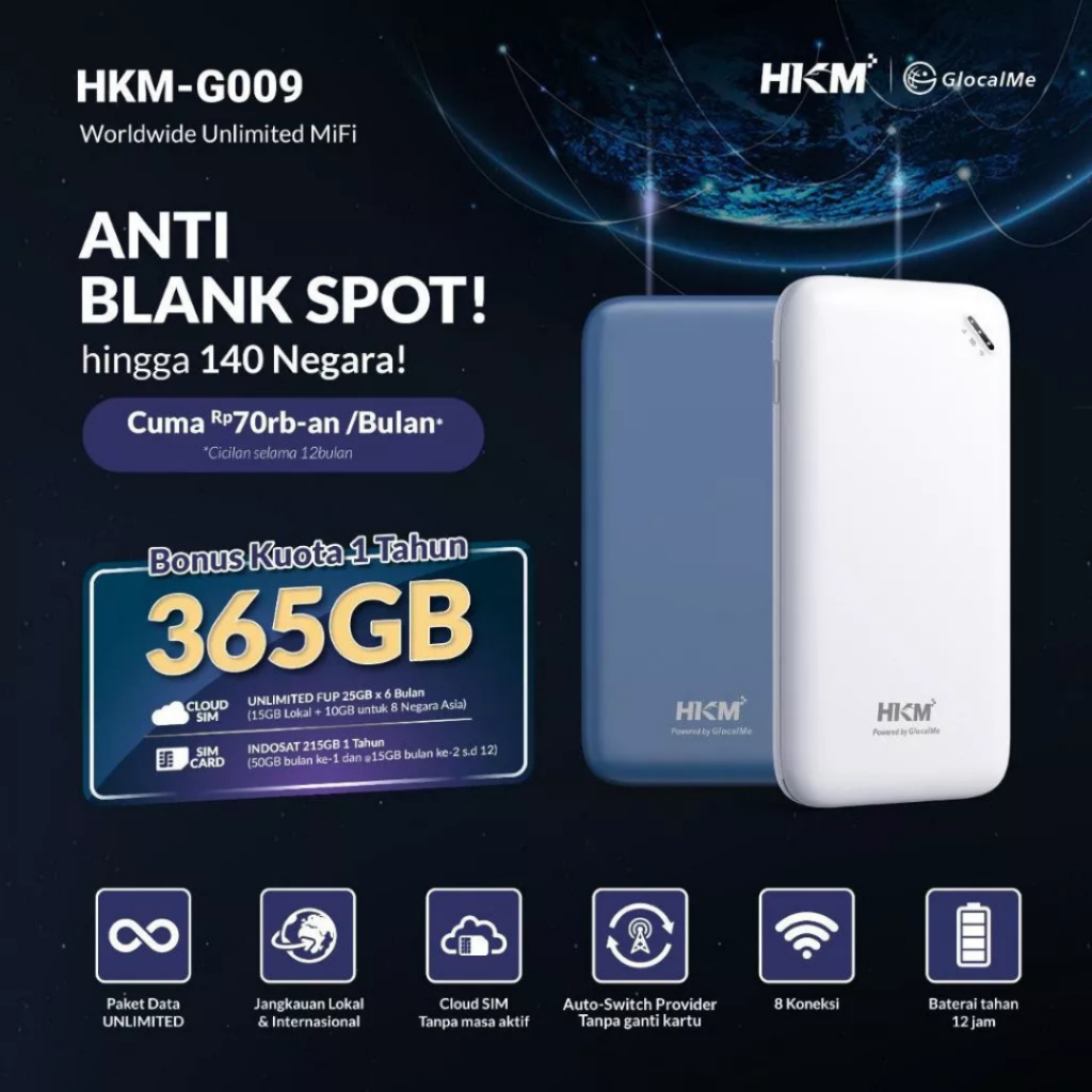 MODEM MIFI HKM GLOCALME G009 GLOCAL ME WORLDWIDE PORTABLE WIFI FREE INTERNET UNLIMITED 6 BULAN - HKM