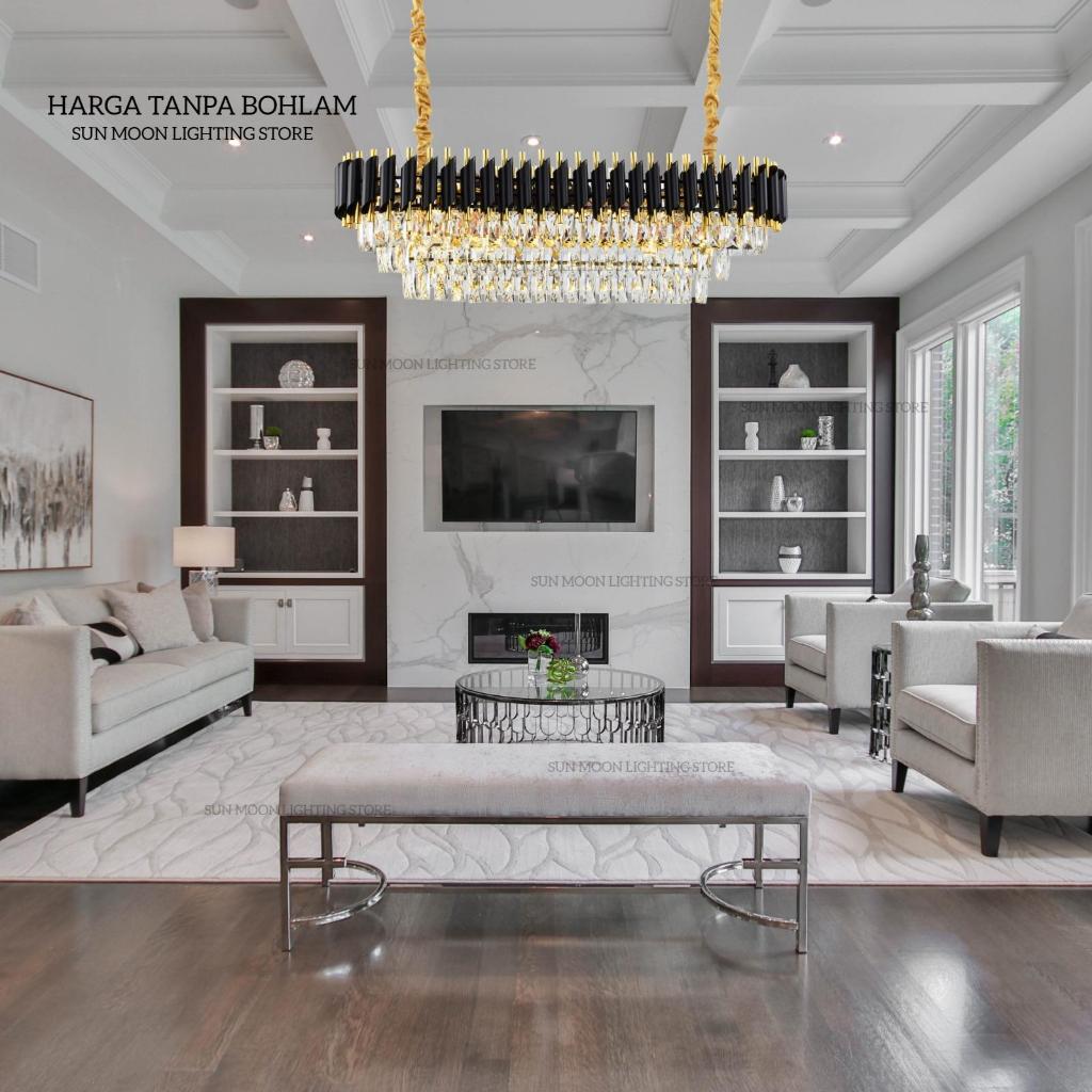 Lampu gantung kristal gold hitam panjang 130cm kristal 3 susun