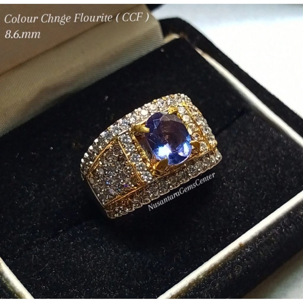 Cincin Batu Permata Colour Change Fluorite CCF Natural Mewah Ring Microsetting