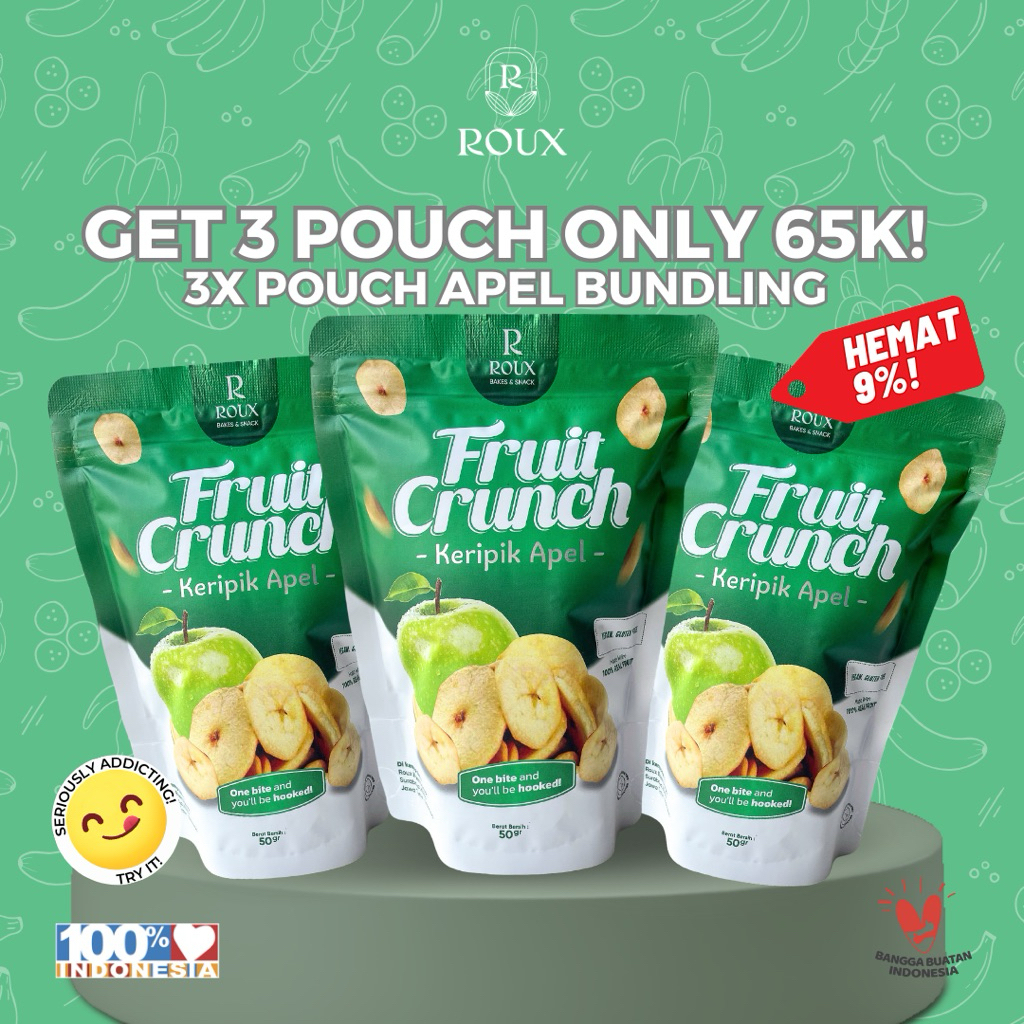 

PAKET BUNDLING ROUX FRUIT CRUNCH KERIPIK APEL PREMIUM RENYAH ENAK SEHAT HEALTHY SNACK