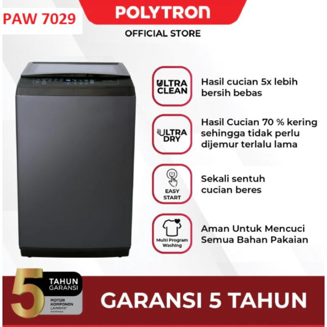 POLYTRON MESIN CUCI 1 TABUNG OTOMATIS KAPASITAS 7KG PAW 7029Y