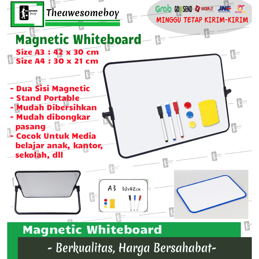 

A3 / A4 Magnetic Whiteboard Papan Tulis Magnet 2 Sisi Multifungsi Include Stand Putar 360