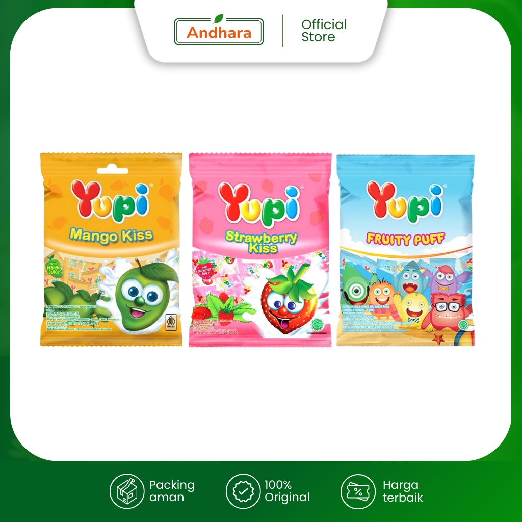 

Permen YUPI Aneka Rasa - Permen Kenyal Kemasan packs - Strawberry Kiss, Mango Kiss, Fruity Puffs