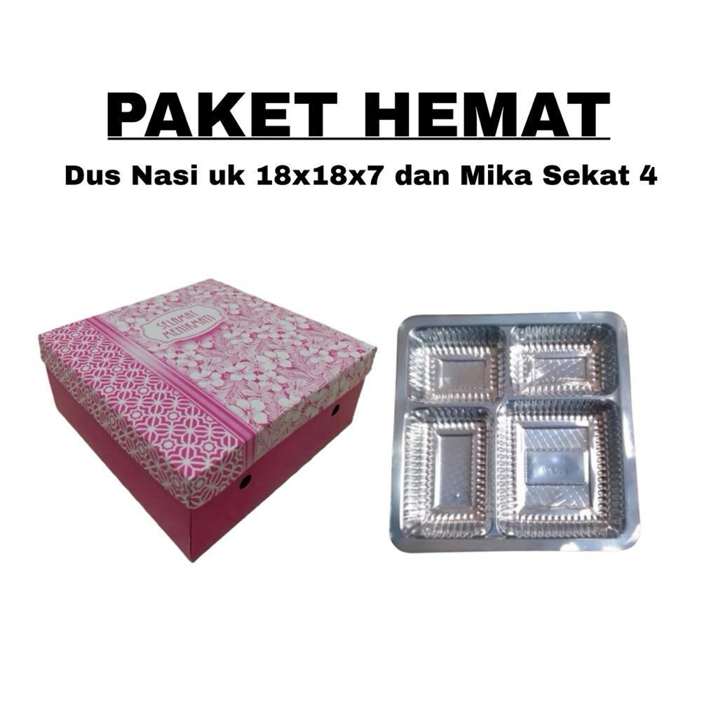 Paket Hemat | Dus Nasi/Snack 18x18x7 dan Mika Sekat 4 | Kardus Nasi/Snack Motif |