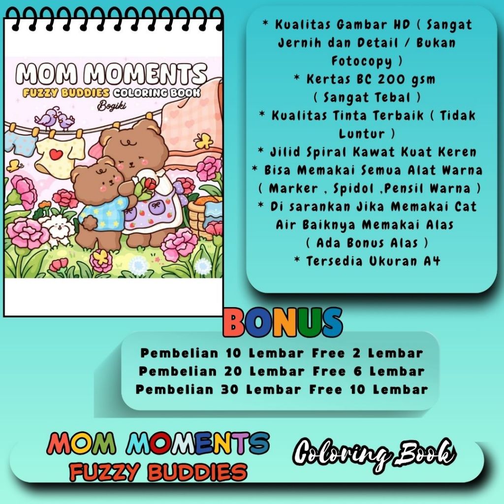 

Buku Mewarnai Tema Terbaru MOM MOMENTS Fuzzy Buddies Coloring Book Premium Kertas 200 gsm Tebal Sketsa Gambar Jelas Sudah HD Jernih