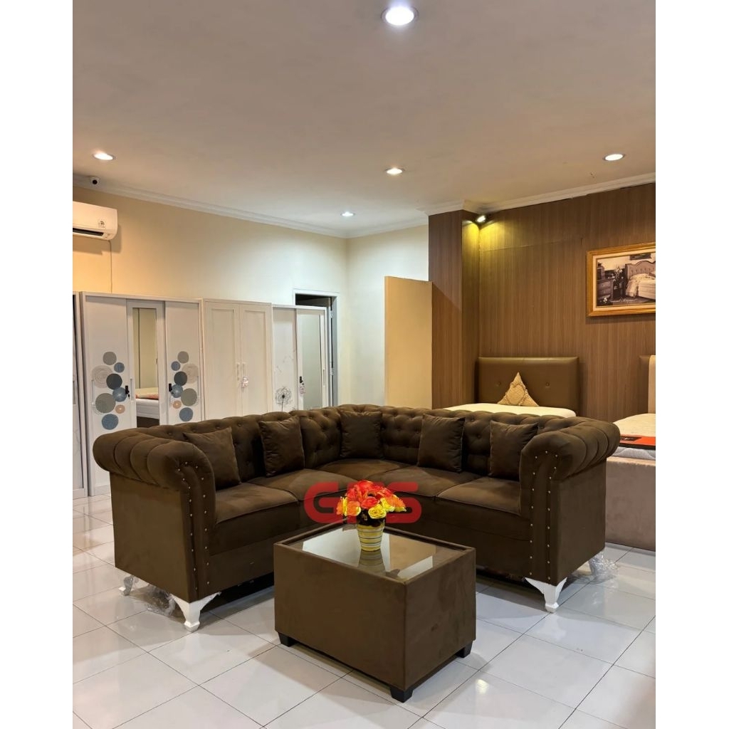 Sofa L Kancing Bungkus Kain Bludru + Meja // GFS LAMPUNG