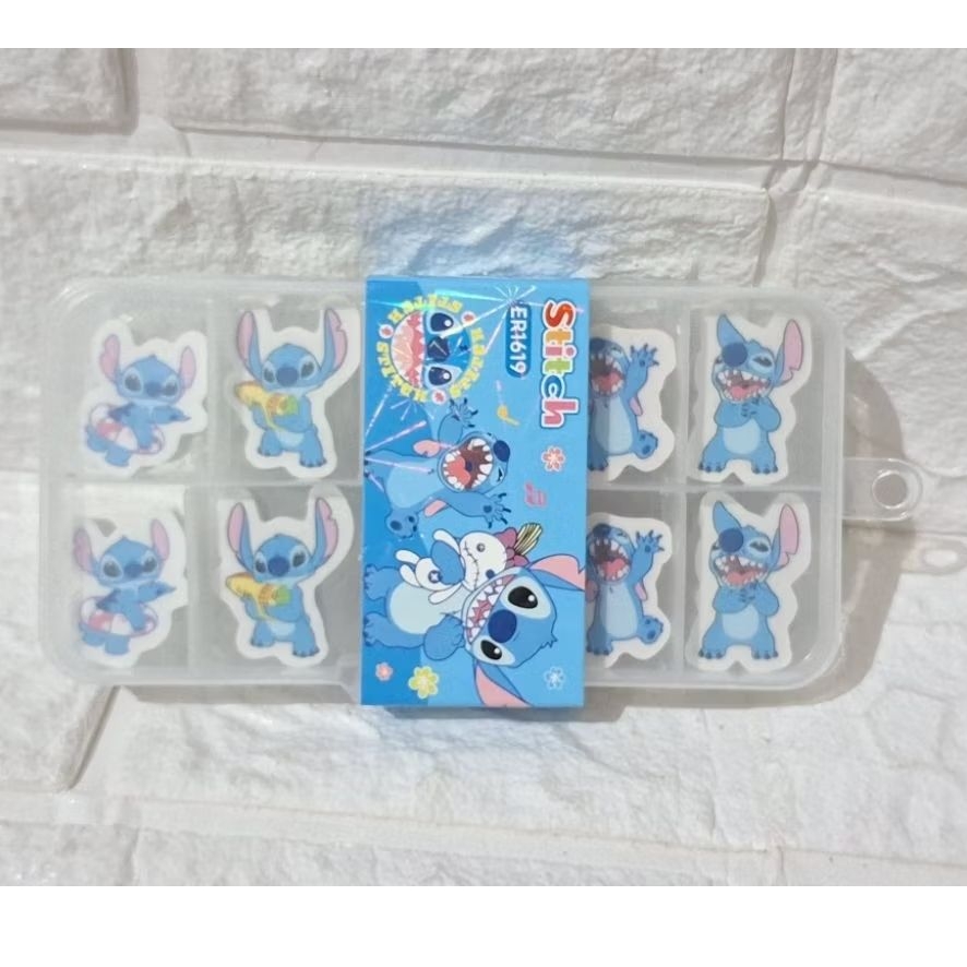 

set penghapus pen eraser stitch dan kotak. paket komplit penghapus stitch bisa dipasang di ujung pensil karakter disney