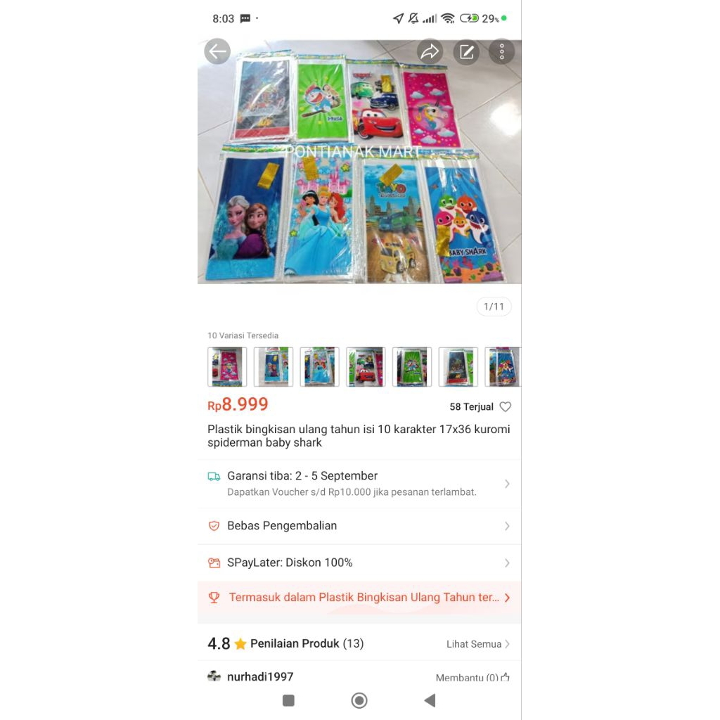 

Plastik bingkisan ulang tahun isi 10 karakter 17x36 kuromi spiderman baby shark