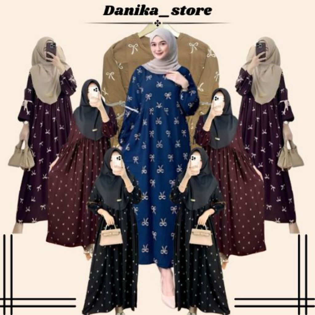Gamis Midi Dress Motif Pita Lengan Balon Bahan Rayon Diamond Ld 110 120