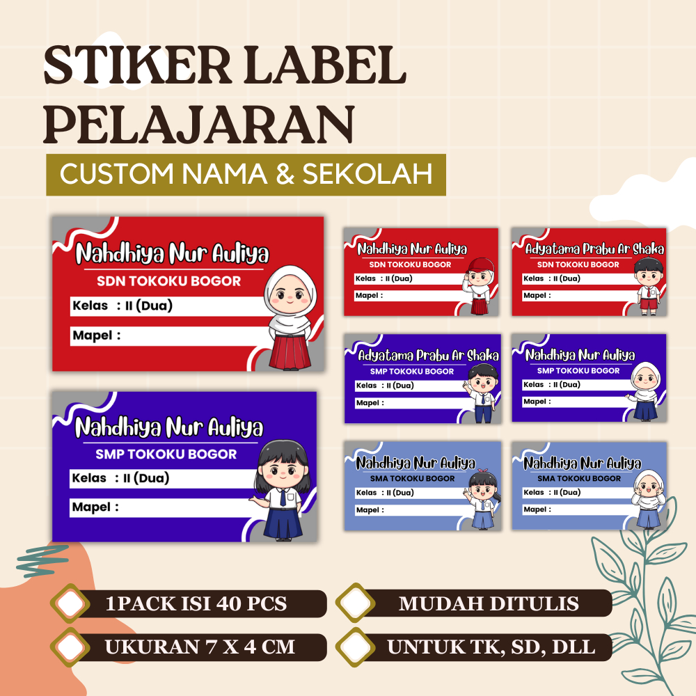 

(20 PCS) Stiker Label Nama Mata Pelajaran Buku Pelajaran UKURAN 7 X 4 CM Free Desain Custom Nama