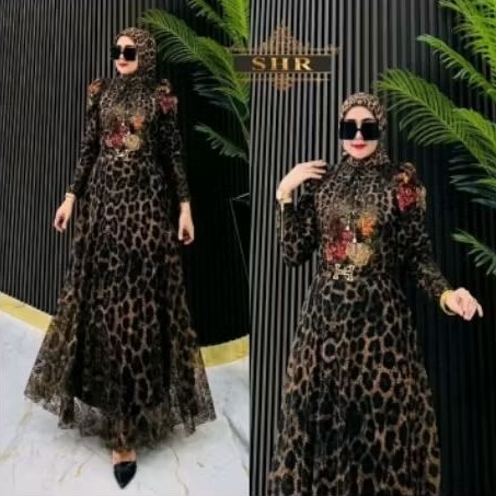 Maxi dress wanita muslim brokat leopard by SHR Ori