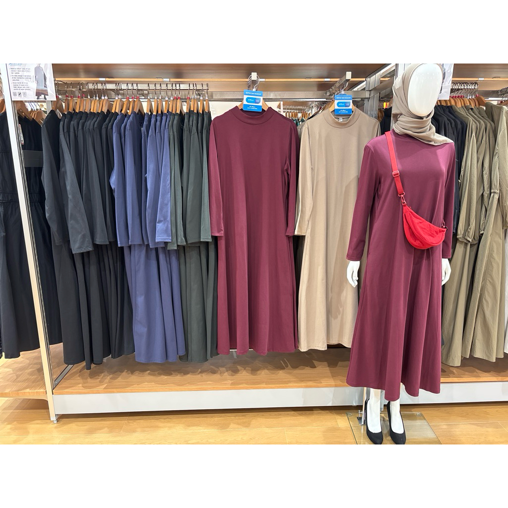UNIQLO AIRism Katun Gaun Flare Lengan Panjang A Line Cotton Dress Original
