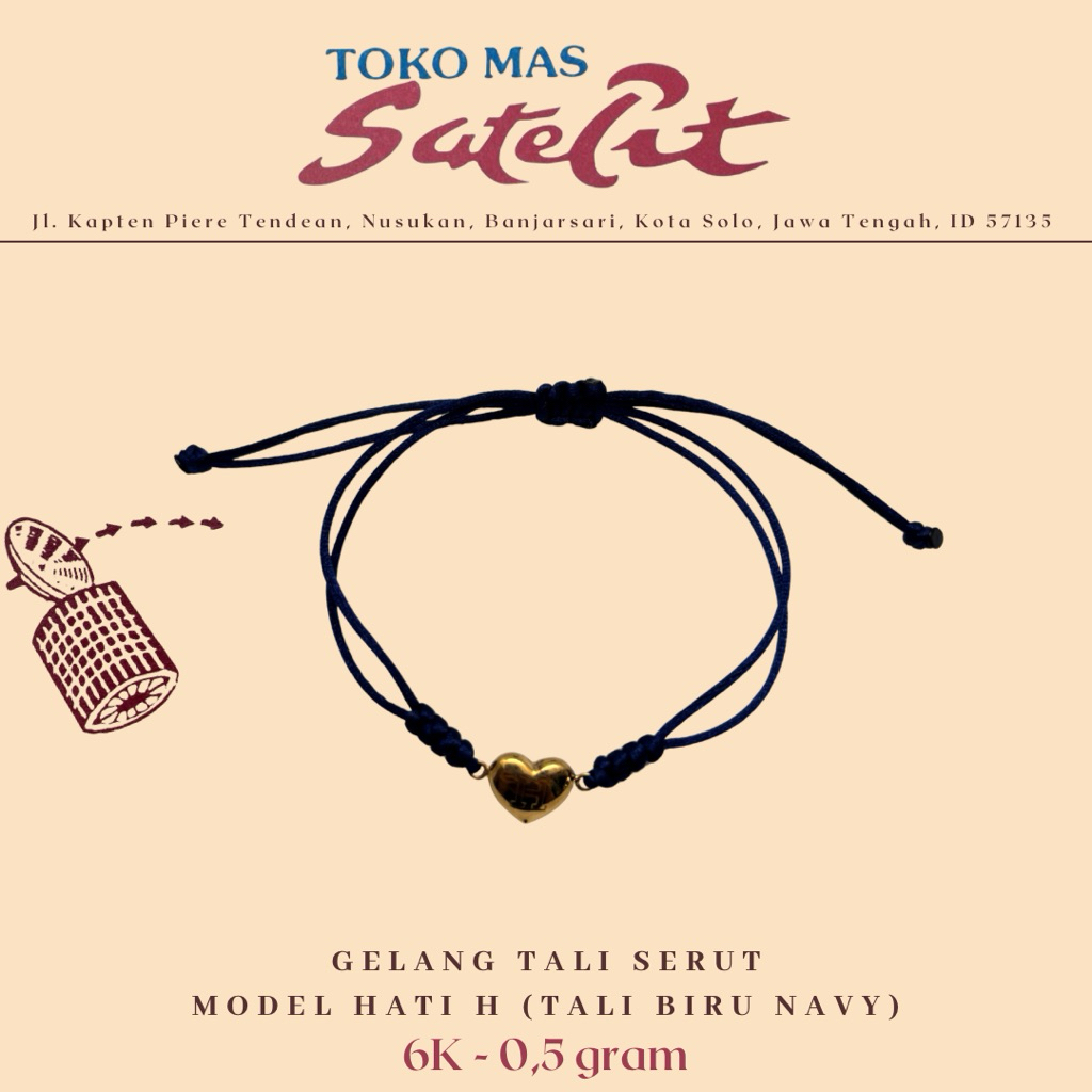 Gelang Tali Emas Serut Model Hati H (Tali Biru Navy) - 6K 0,5 gram - Toko Mas Satelit