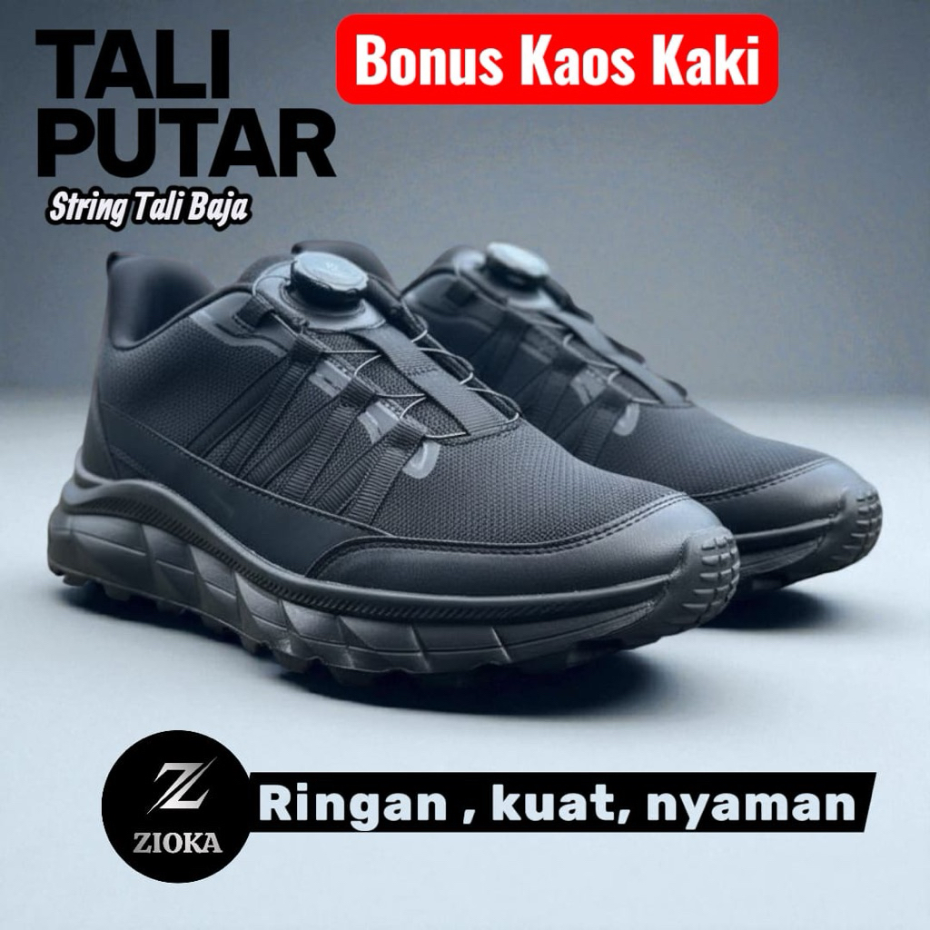 Sepatu Zioka Masseo Tali Putar Full Black Sepatu Running