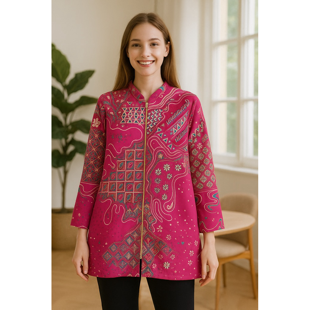 atasan / tunik batik solo bahan katun lapisan trikot warna pink Baru