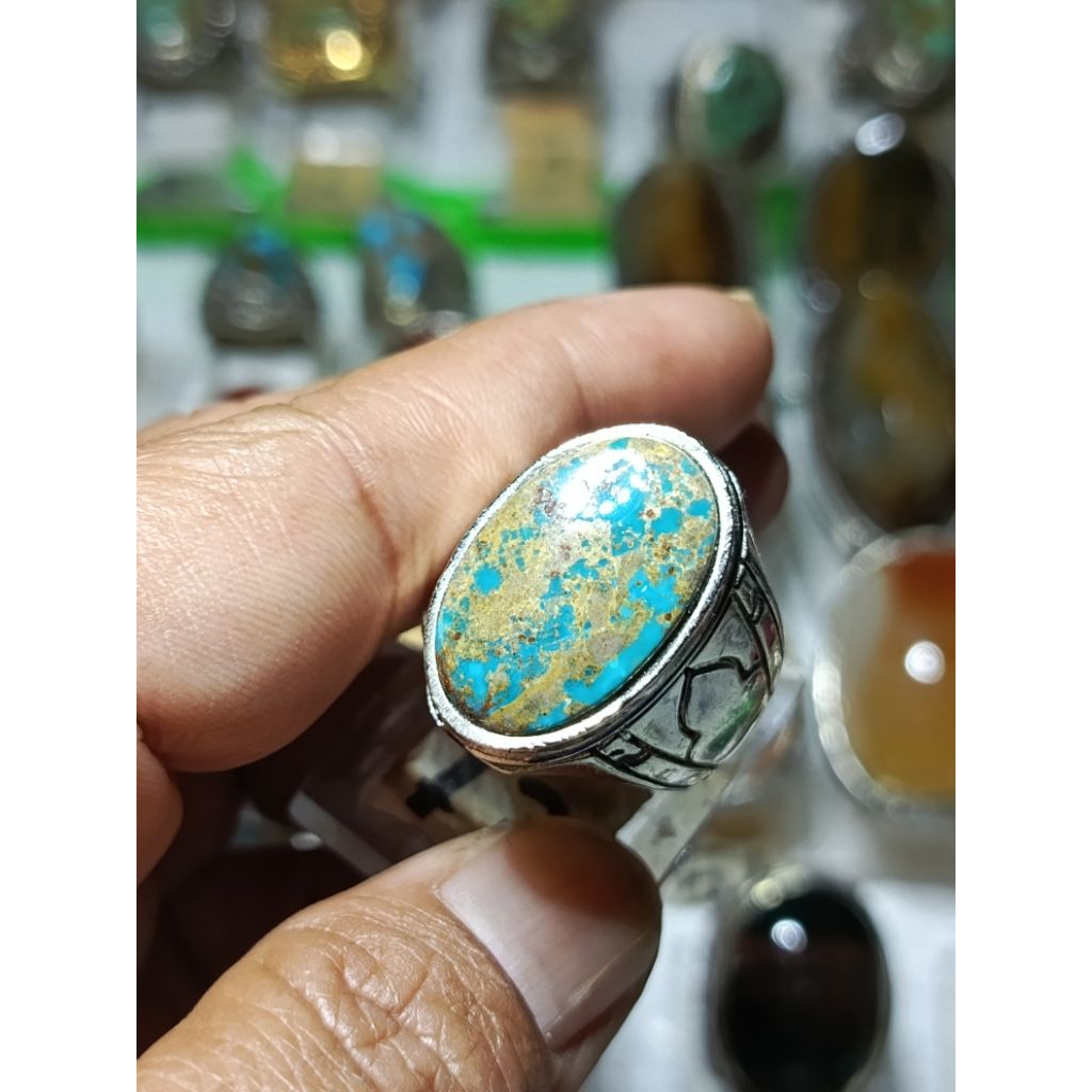 cincin batu pirus Persia serat emas model ring Alfaka polos