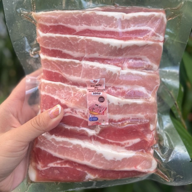 

Import Pork Belly Korean BBQ Premium Samgyeopsal Cut 2mm ukuran 500gram