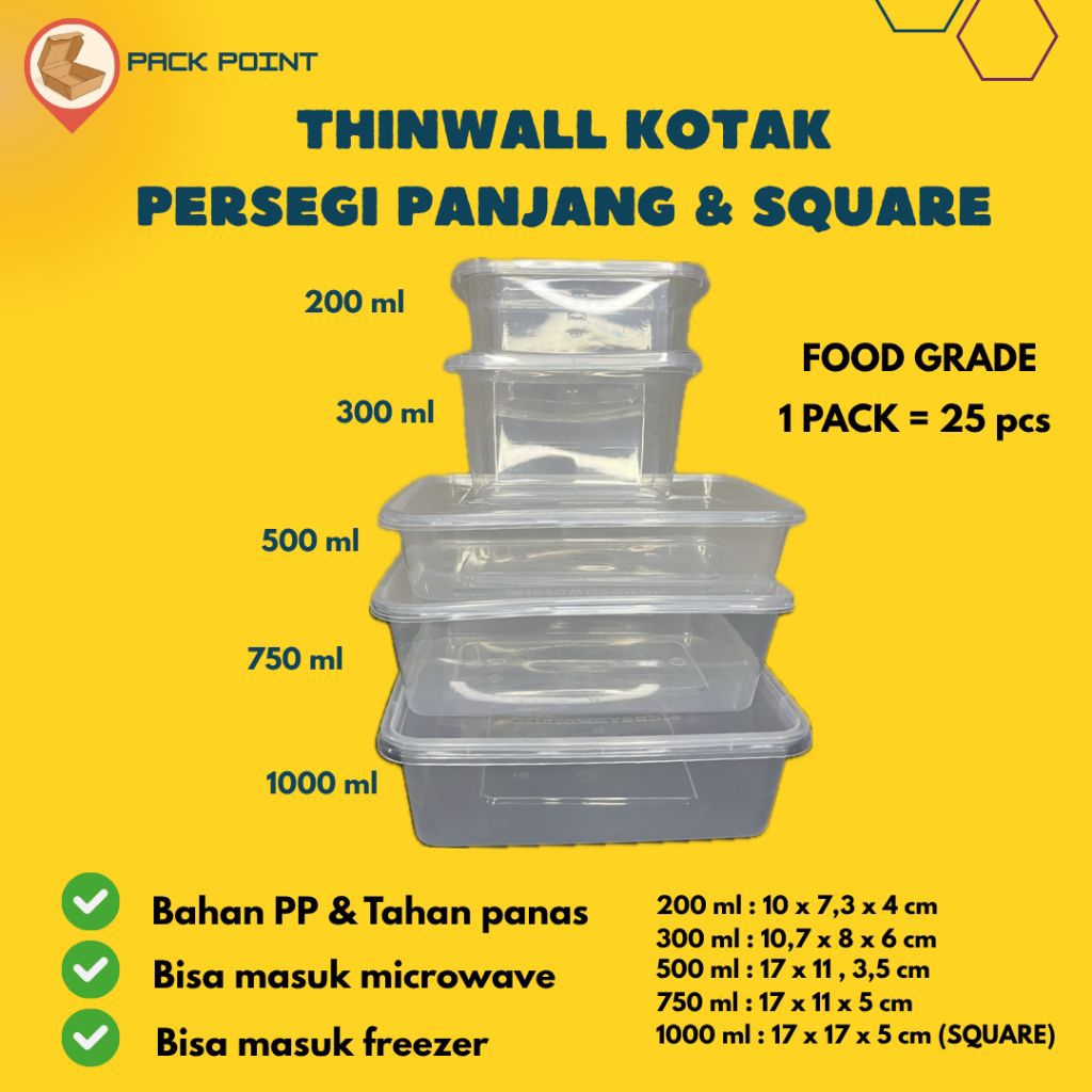 (Isi 25) Thinwall kotak persegi panjang dan square Ukuran 200 mL, 300 mL,350 mL Sq 500 mL, 650 mL,75