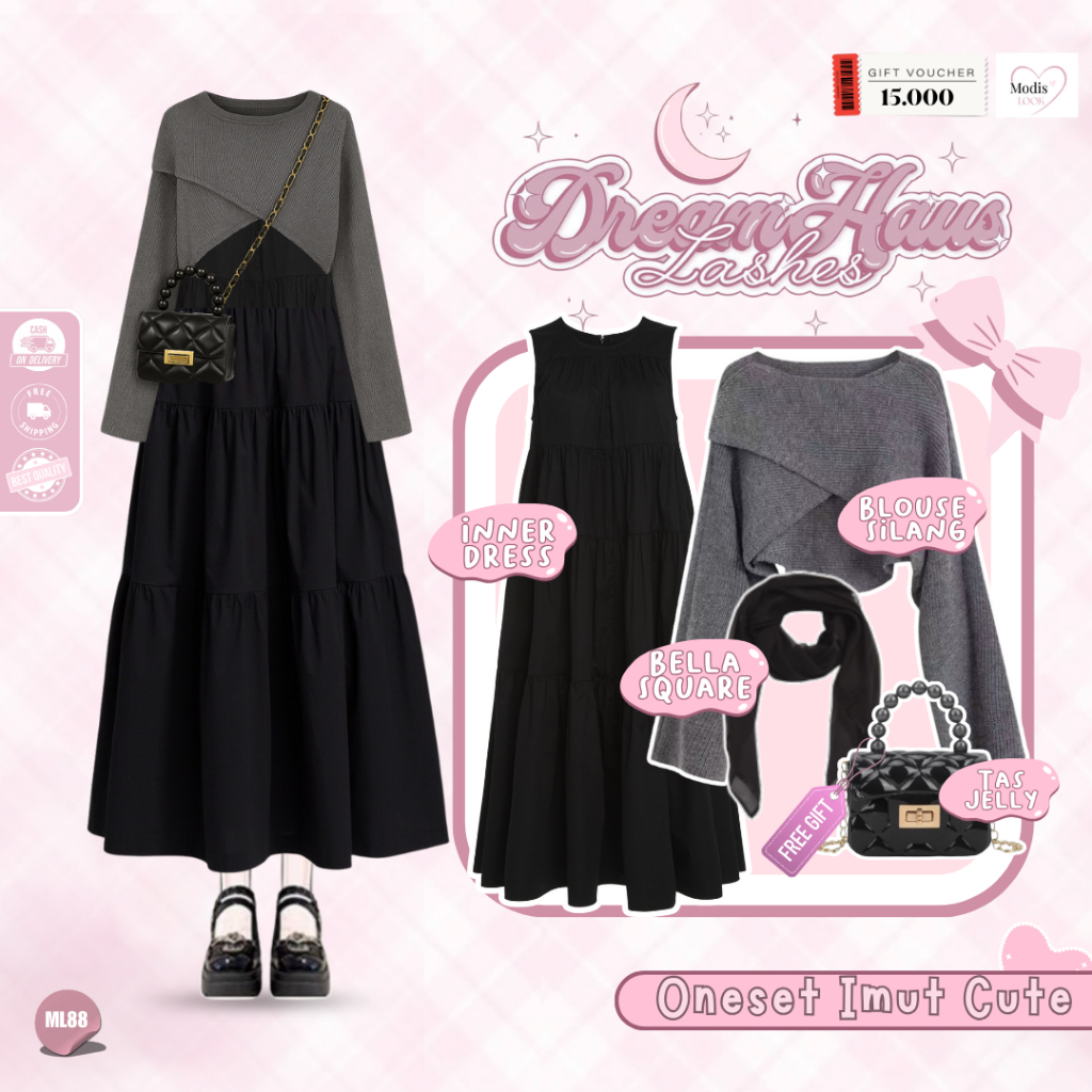 Kina One Set Wanita Kekinian Korea Hijab ( Hijab + Sweater Silang +Inner Dress ) Oneset Remaja-ML100