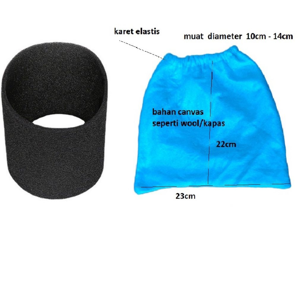 Kantong Filter Vacuum Cleaner Basah Kering Bahan Kain Biru dan Busa Hitam 1 Set / Filter Vacuum Clea