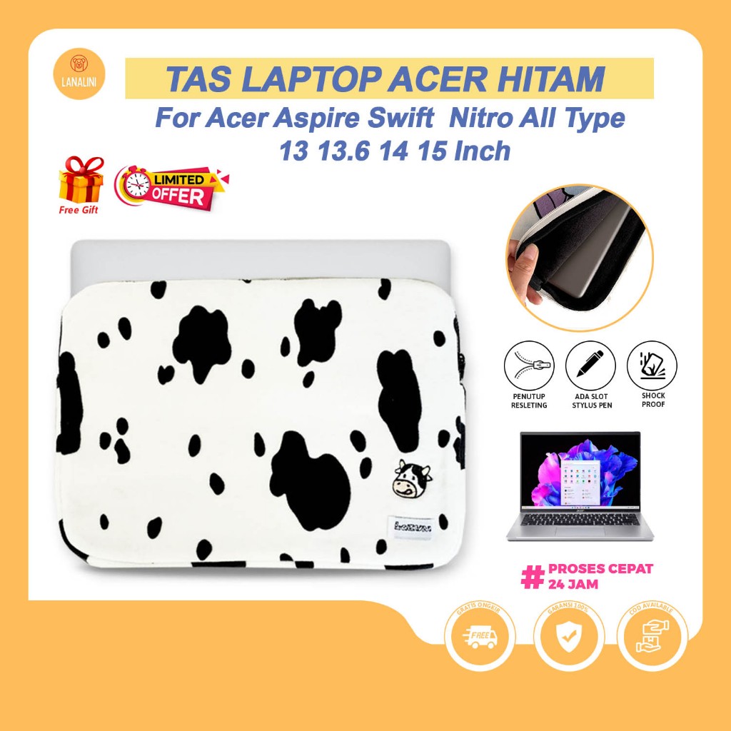 Tas Laptop Universal 13 14 15 Inch Kartun Unik Sapi Sleeve Bag Pouch Case Acer Aspire Nitro Swift Go