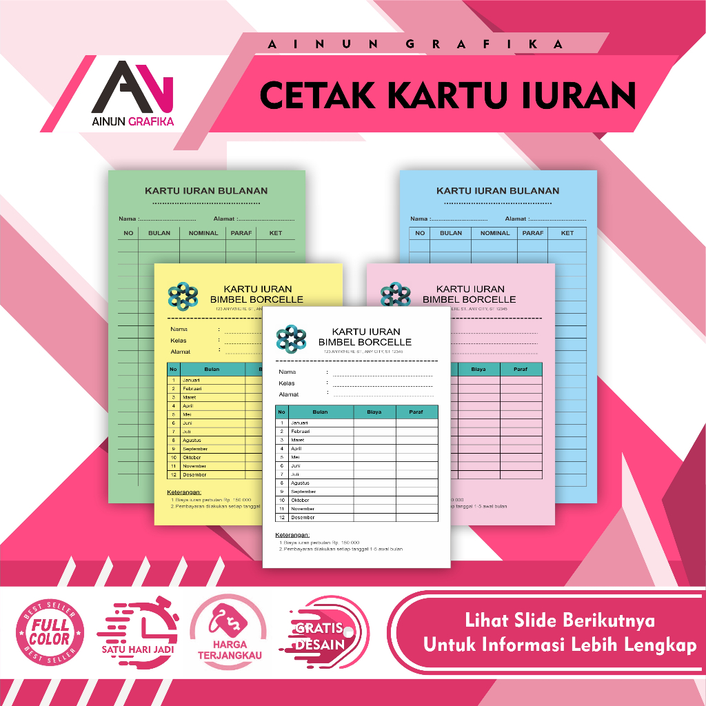 Kartu infaq Custom Kartu Iuran Iuran Bulanan spp Iuran kas sampah air listrik, Kartu iuran Custom