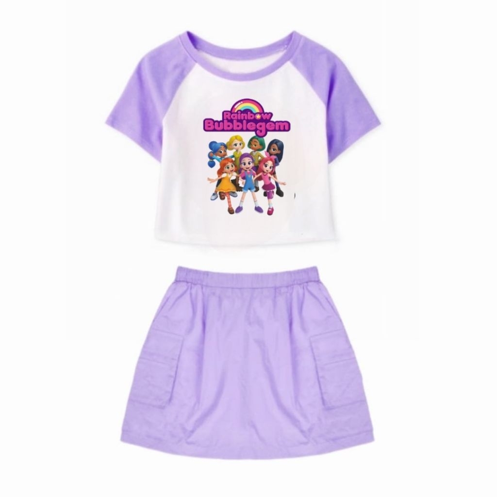 Setelan kaos kimono Rok Cargo Anak Perempuan Motip RAINBOW BUBBLEGEM