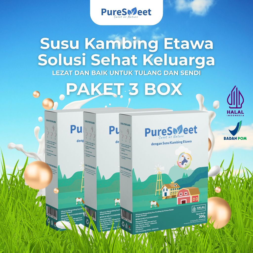

PureSweet Susu Kambing Etawa Bubuk rasa Original Paket 3 Box | Untuk Membantu Nyeri Pegal Linu
