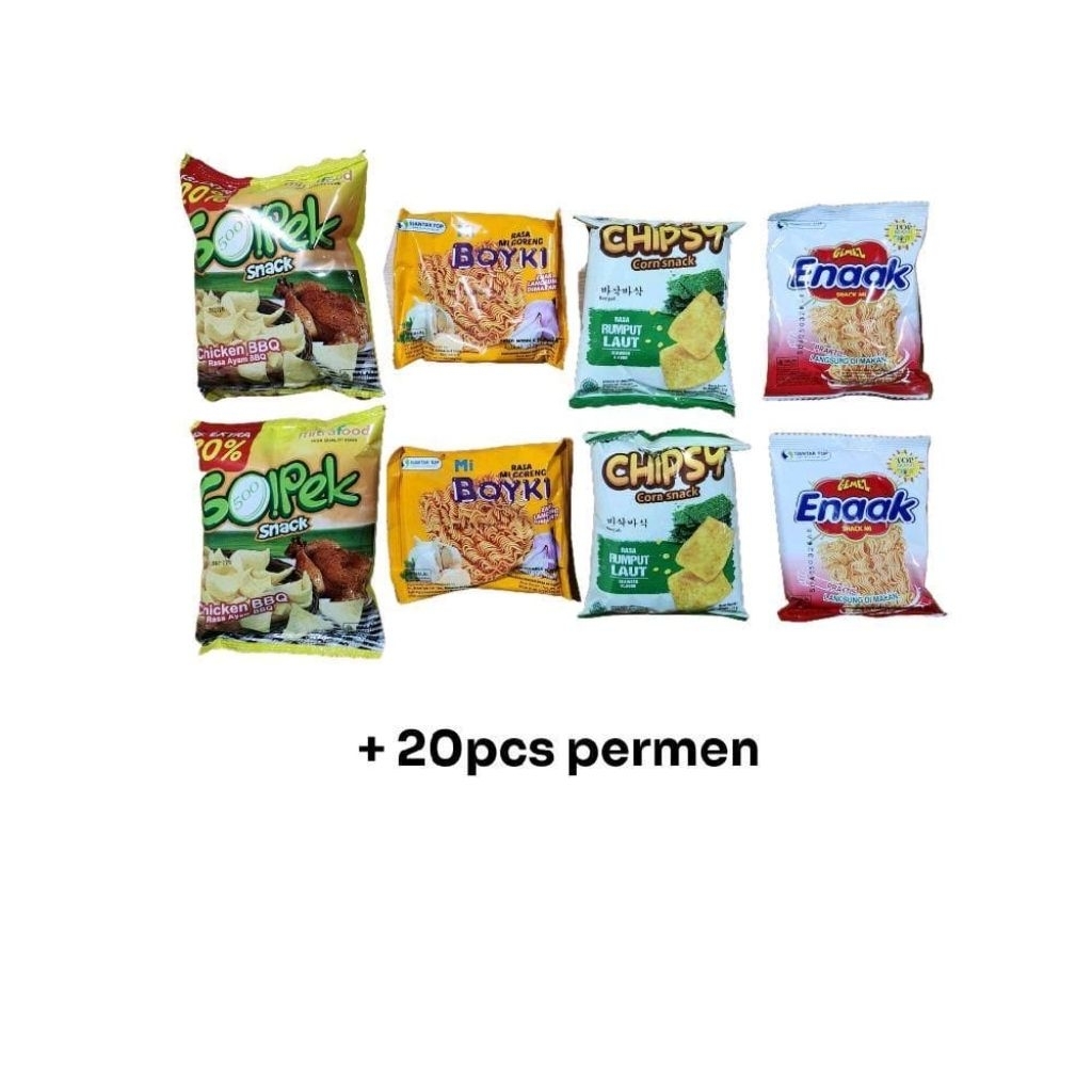 

PAKET SNACK 40PCS SNACK MIX EKSTRA BONUS 20PCS PERMEN