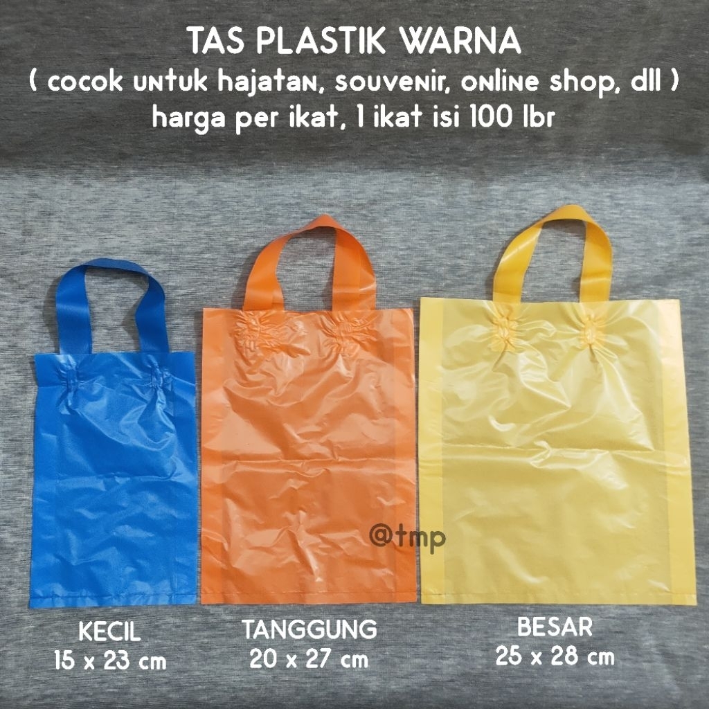 

tas plastik warna uk 15x23 kecil / 20x27 tanggung / 25x28 besar / 1 ikat isi 100 lbr