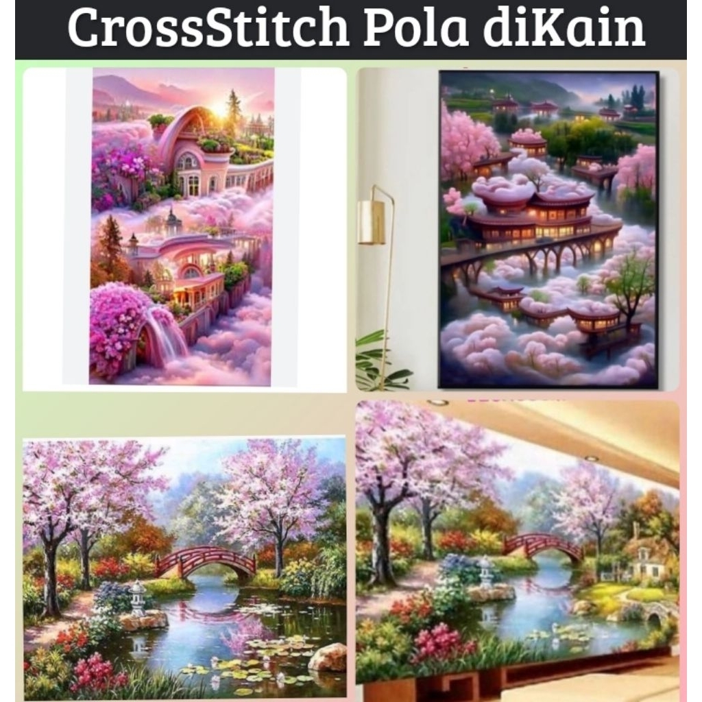 DIY CROSS STITCH KIT PEMANDANGAN SAKURA PINK GARDEN PAKET KRISTIK POLA KAIN