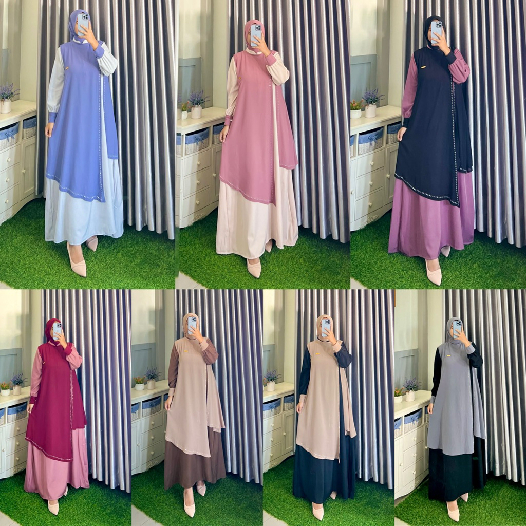 Gratong Gamis Meisya Set Outer Khalisa Set Hijab Segi Empat Kombinasi Payet Swaroski Muslim SyarI