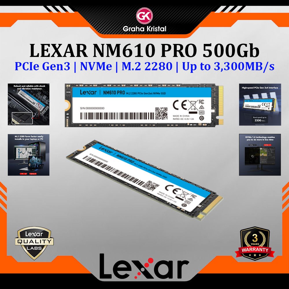 SSD LEXAR NM610 PRO 500Gb PCIe Gen3 NVMe M.2 2280 Garansi 3 Tahun