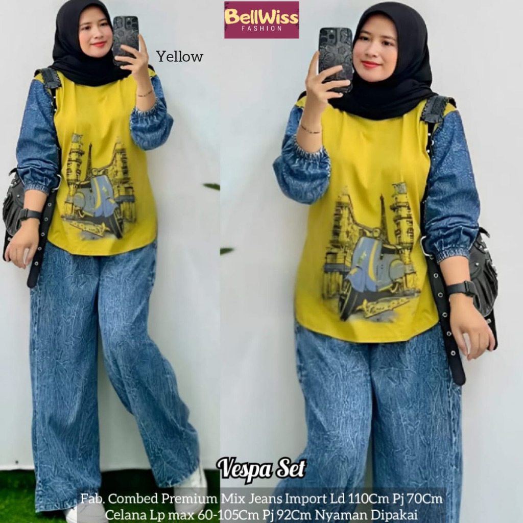 Hirosa Setelan Kulot Jeans Atasan Motif Abstrak Tebal Premium