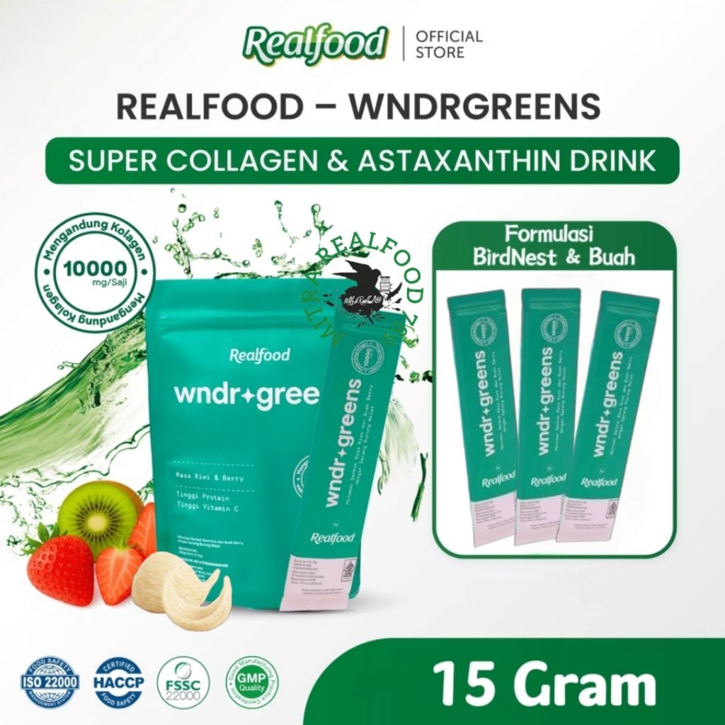 

Realfood Minuman Serbuk Kolagen WNDRGREENS Super 10,000Mg Formulasi Buah & Birdnest