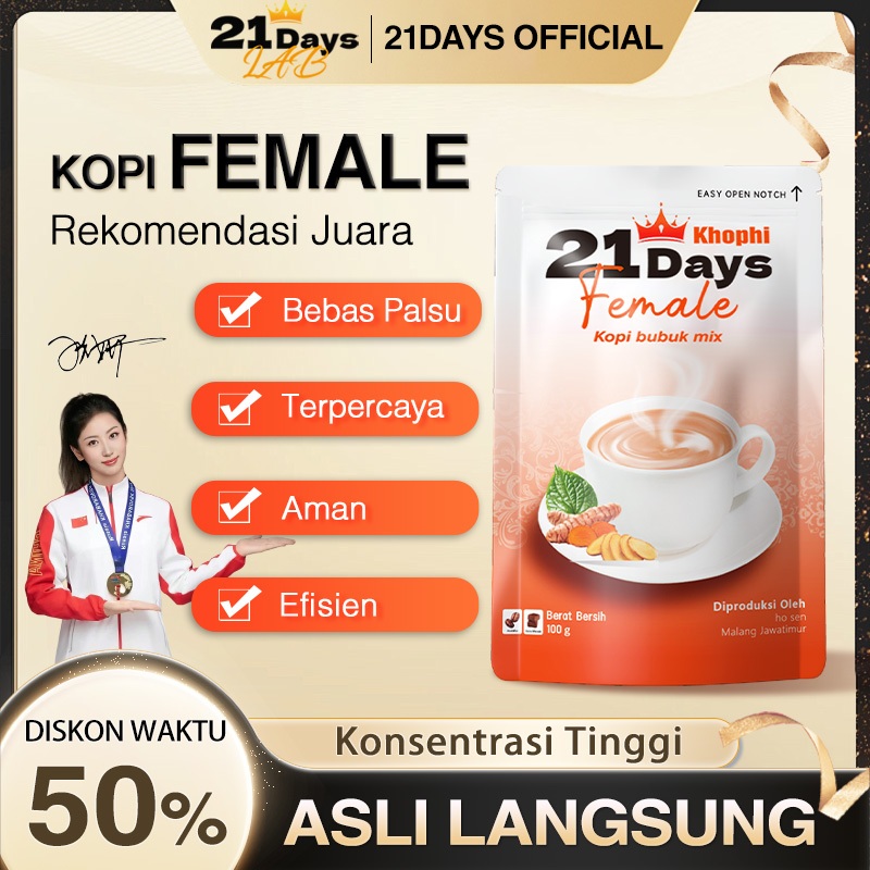 

21Days Coffee Female Coffee – Kunyit, Kacip Fatimah, Daun Sirih, Gula Aren – Rekomendasi Juara Olimpiade