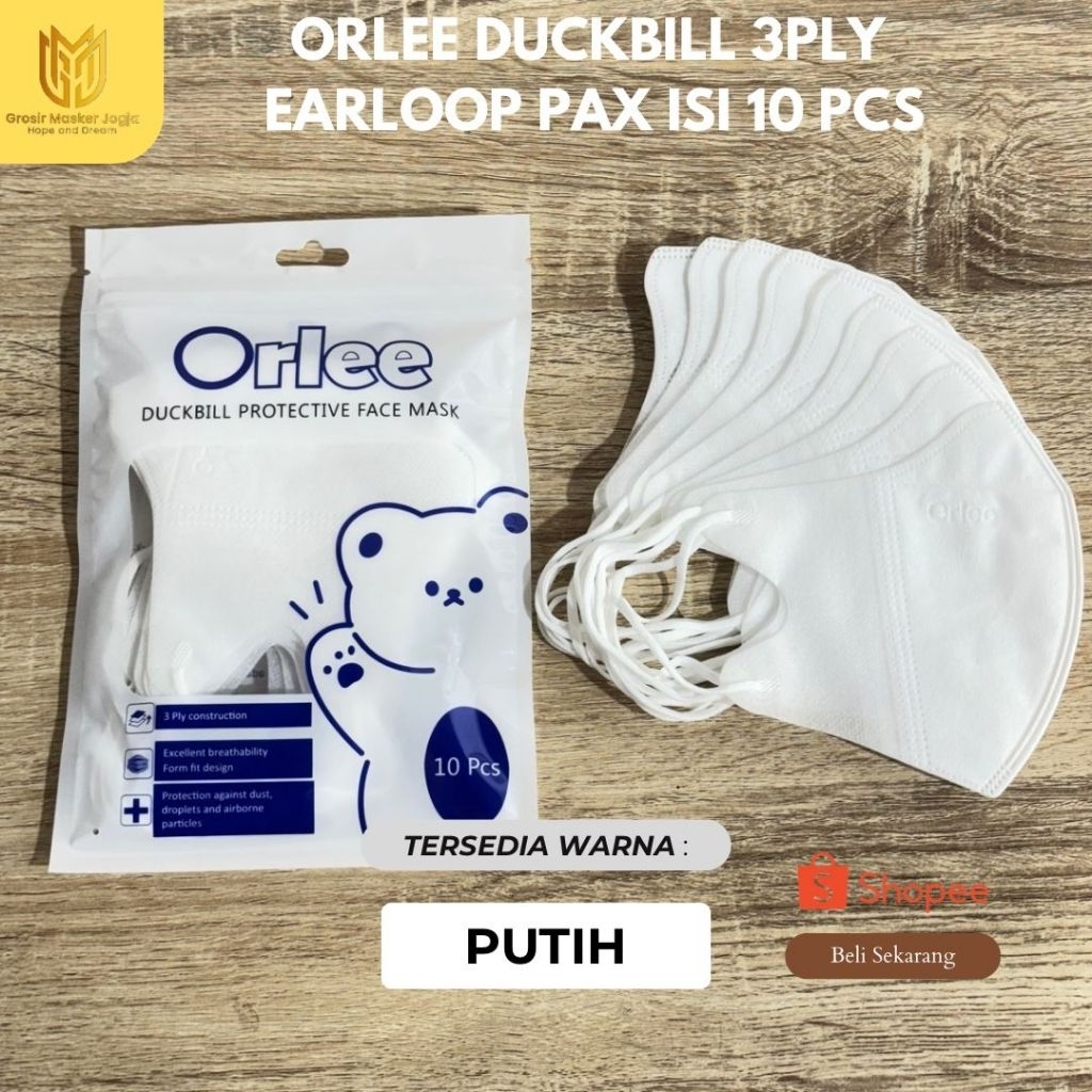 Masker Duckbill Orlee Earloop Pack 3Ply 10 Pcs Putih Hitam Biru Abu