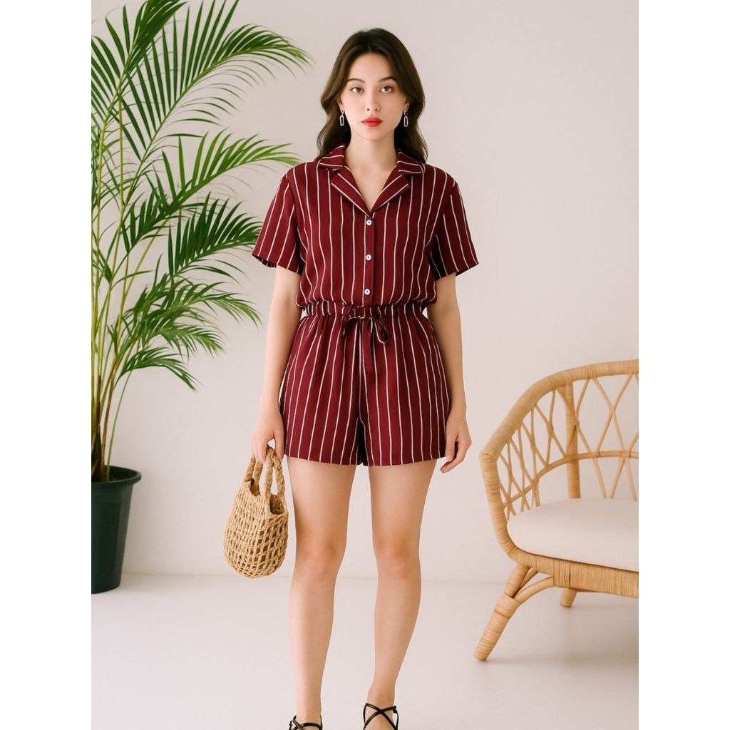 Jumpsuit Pendek Wanita Korea Elegan Js Soila Stripe Casual Jumpsuit Pendek Salur 1629 Gl