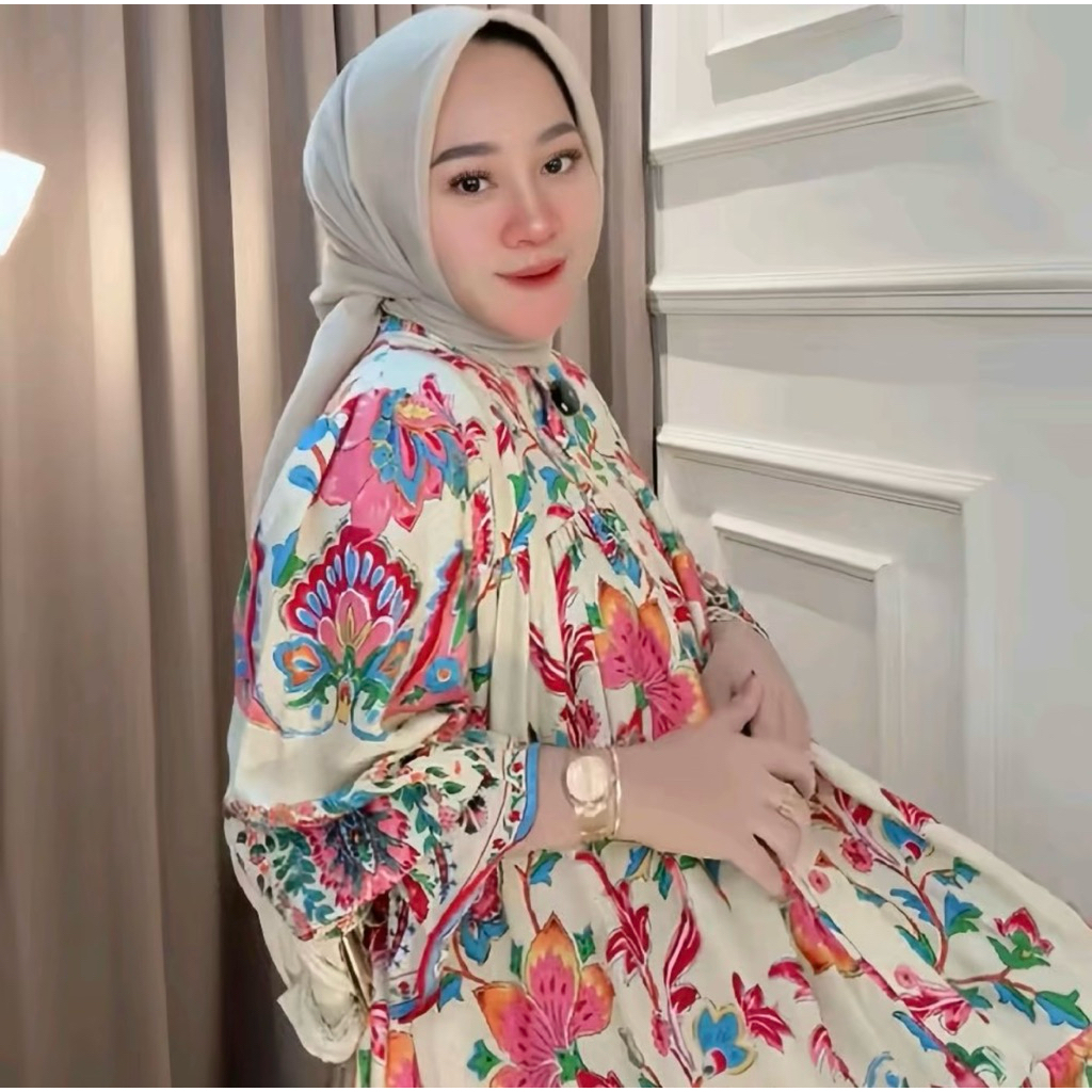 Rosella Dress Rayon Motif Premium Gamis Muslim Lengan Balon