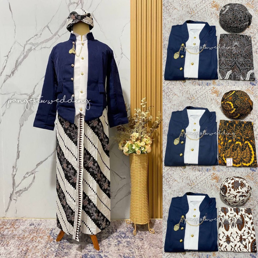 [SB1NV] Set Pakaian Adat Jawa - Beskap Hewes Navy + Jarik Instan Sudah Jadi + Blangkon Solo