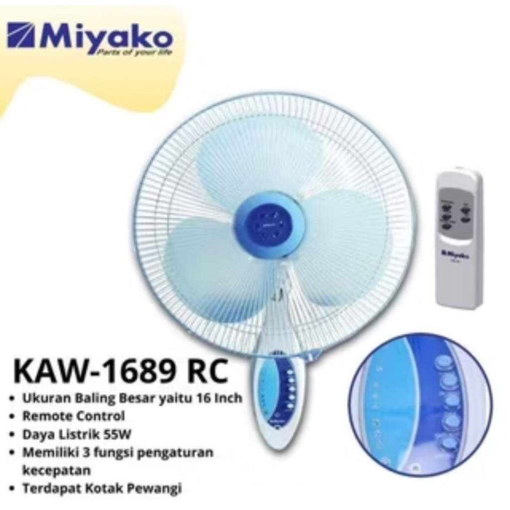 Wall Fan Miyako KAW-1689RC / Kipas Angin Dinding Miyako Remote / Kipas Angin Miyako Remote