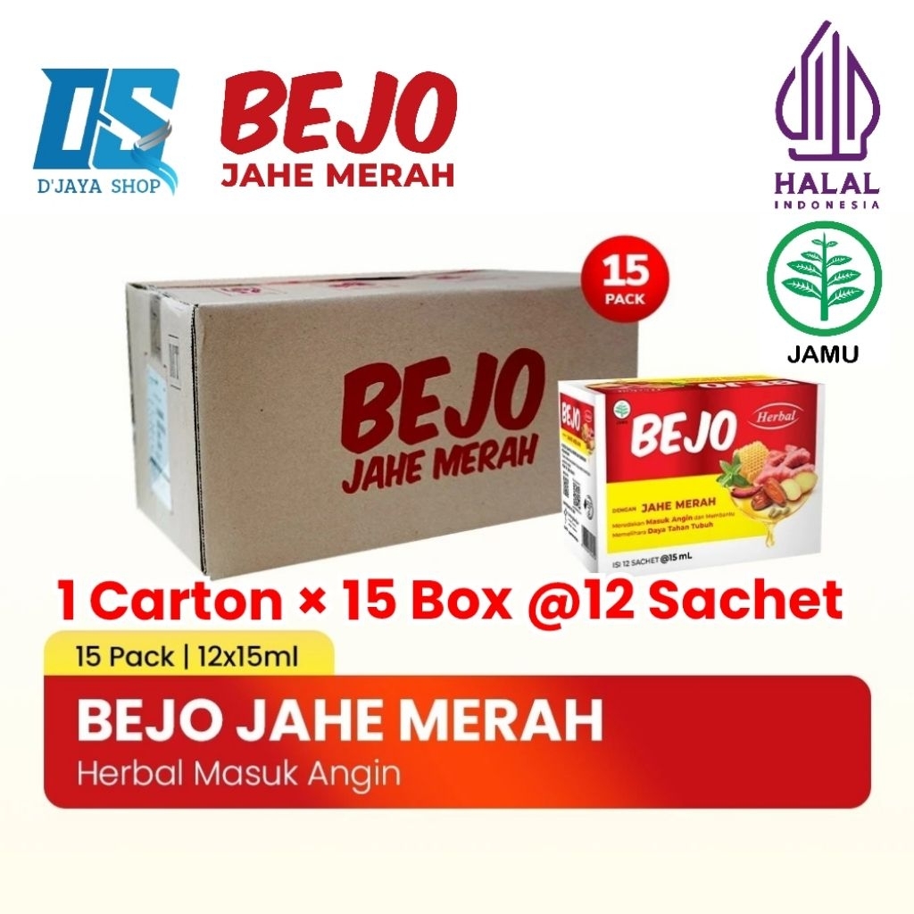 

BEJO Jahe Merah (1 Carton × 15 Box) Meredakan Masuk Angin dan Memelihara Daya Tahan Tubuh /Bejo Jahe Merah 1 Dus × 15 Box @12 Sachet