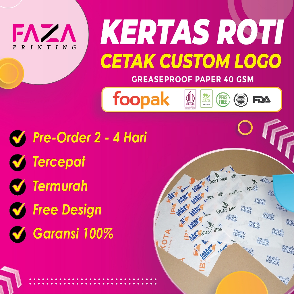 CUSTOM Kertas Roti Foodgrade 40 x 20 / 40 x 30 Kertas Bungkus Makanan / Kertas Minyak