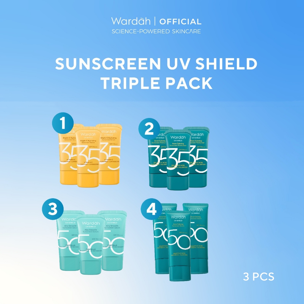 Wardah Sunscreen UV Shield Triple Pack Buy 3 Get 4 SPF 35 PA +++ / SPF 50 PA++++ (Airy Smooth, Essen