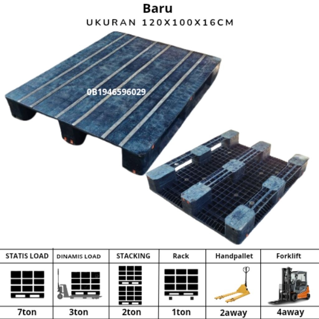 PALLET PLASTIK BEKAS TEBAL 120X100X16CM UNTUK TATAKAN BARANG DI GUDANG PENYIMPANAN BARANG